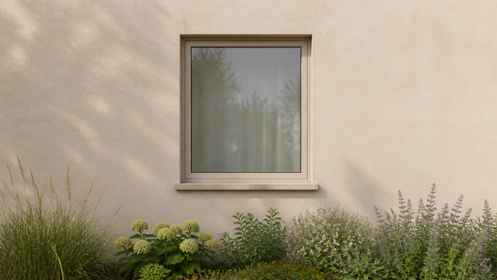 Neutrales Fassaden- und Gartendetail einer Wohnimmobilie